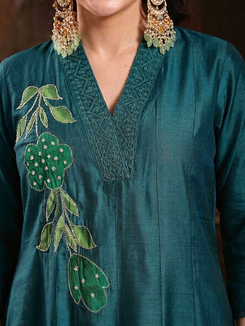 Stylum Women's Teal Solid & Embroidered Roman Silk A-Line Kurta Pant With Dupatta