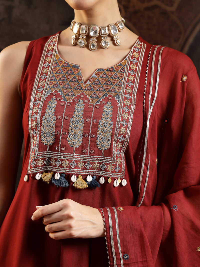 Stylum Women's Maroon Solid & Embroidered Rayon Asymmetric Kurta Palazzo With Dupatta
