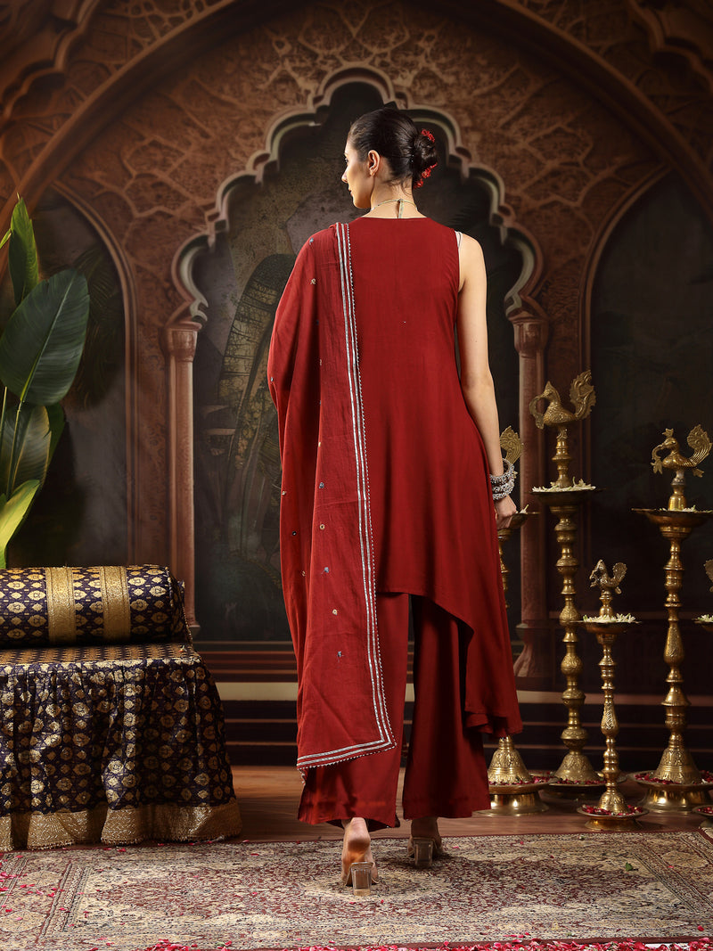 Stylum Women's Maroon Solid & Embroidered Rayon Asymmetric Kurta Palazzo With Dupatta