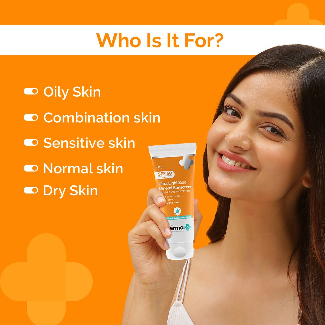 Derma Co Ultra Light Zinc Mineral Sunscreen with SPF 50 For Broad Spectrum, UVA, UVB & Blue Light Protection - 50g