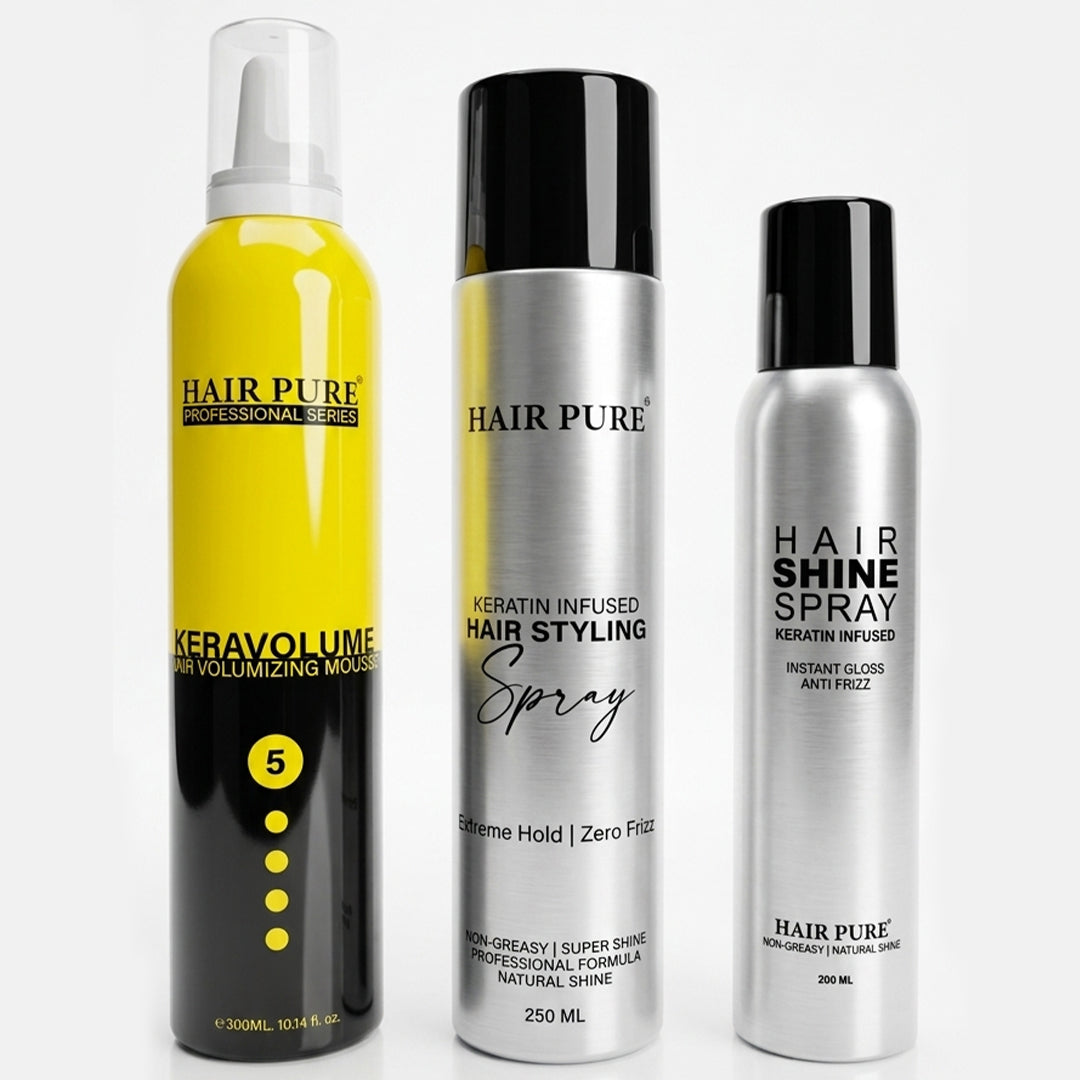 Redifyn Hair Pure Salon Styling Combo Pack (Keratin Hair Mousse 300ml + Strong Hold Hair Spray 250ml + Instant Shine Spray 200ml)