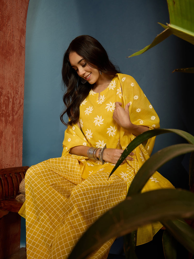 Stylum Women's Yellow Floral Printed Pure Cotton Straight Kurti Farshi Salwar With Dupatta