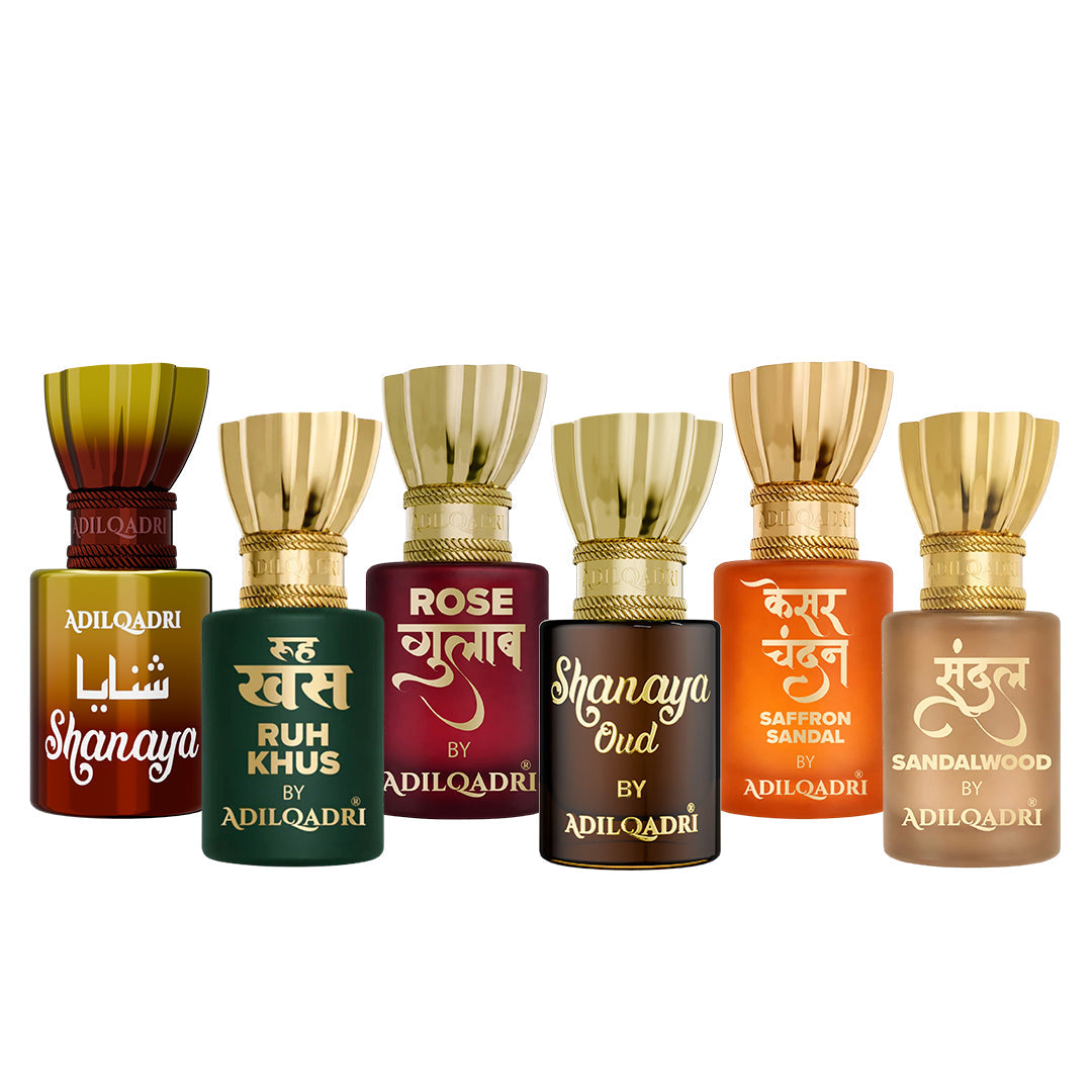 Pack of 6 Shanaya, Ruh Khus, Rose, Shanaya Oud, Kesar chandan, Sandal (Chandan) Attar 5.5 Ml Each