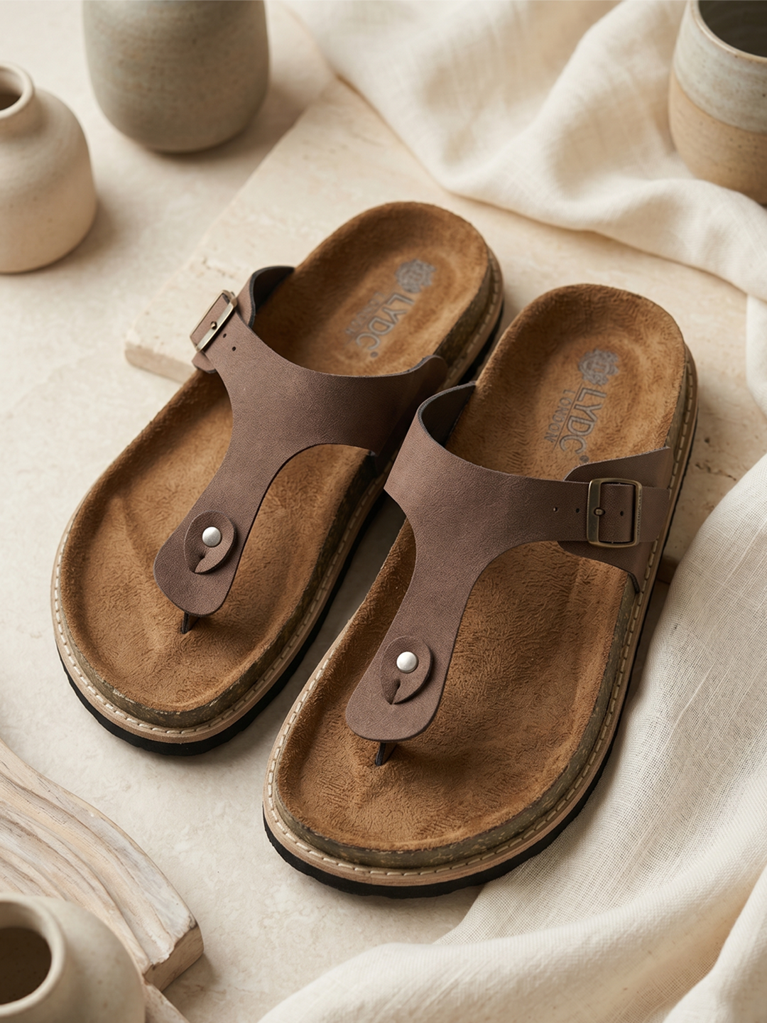 LYDC Brown Suede Sandals For Women Welt-Crafted T-Strap Sandals - Brown