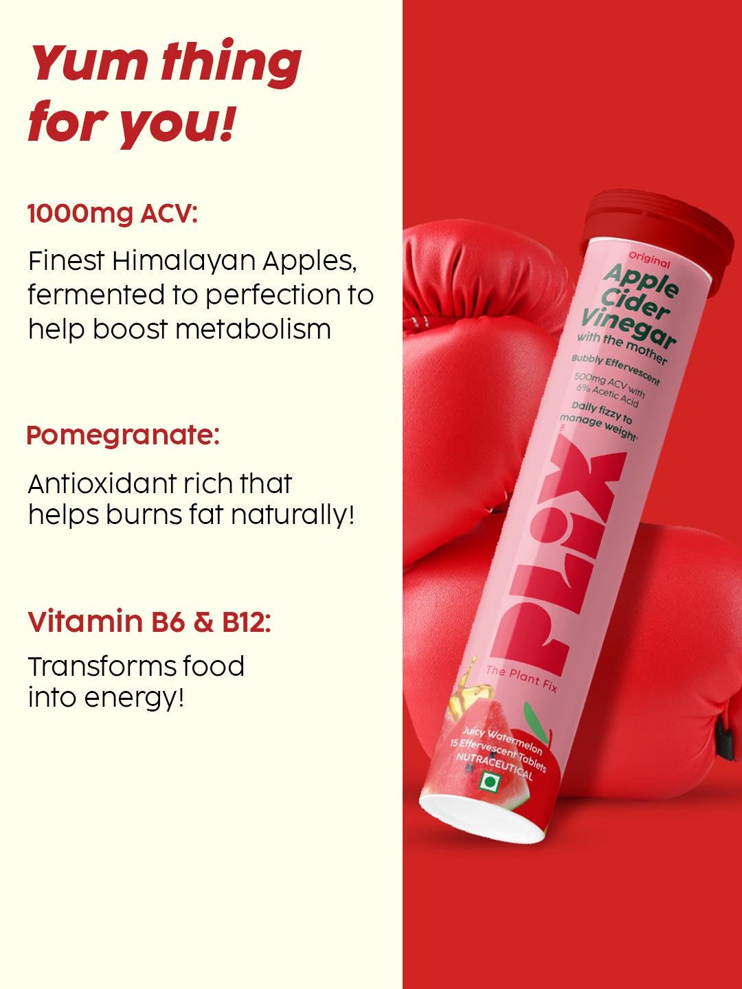 Plix ACV Effervescent Tablets - 15 (Juicy Watermelon, Pack of 4)