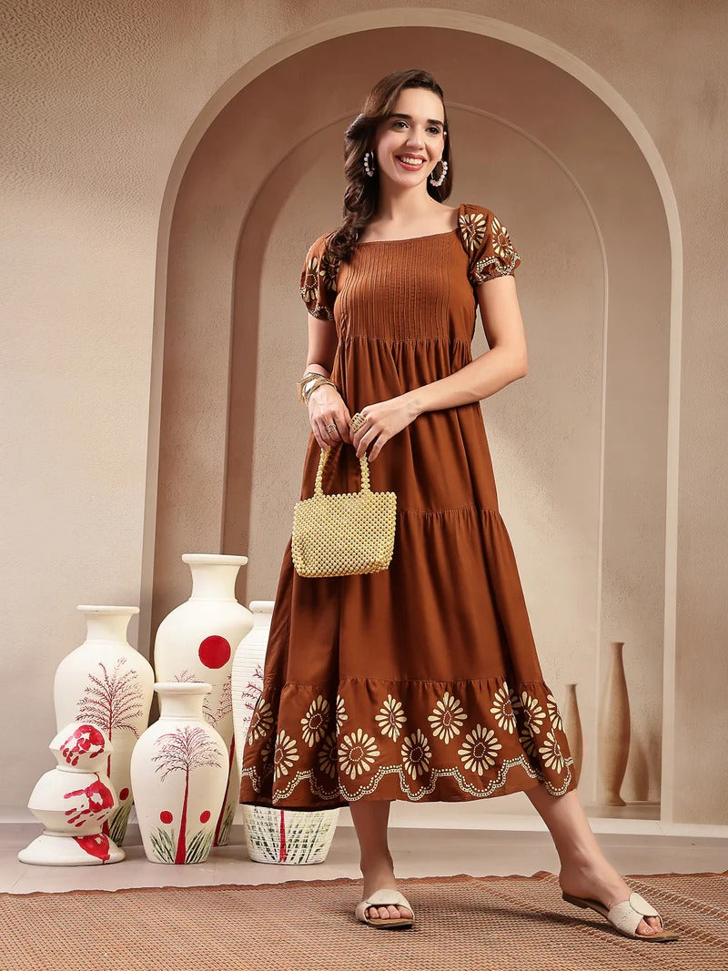 Stylum Women's Brown Solid Rayon Tiered Dress