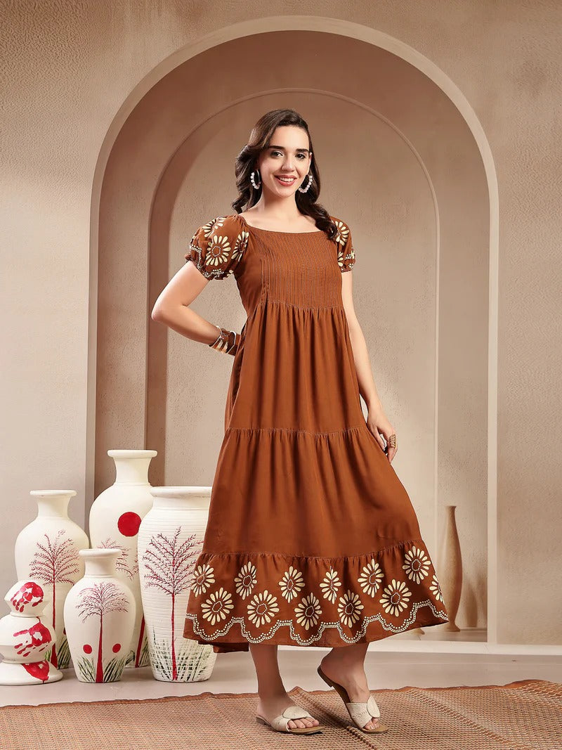 Stylum Women's Brown Solid Rayon Tiered Dress