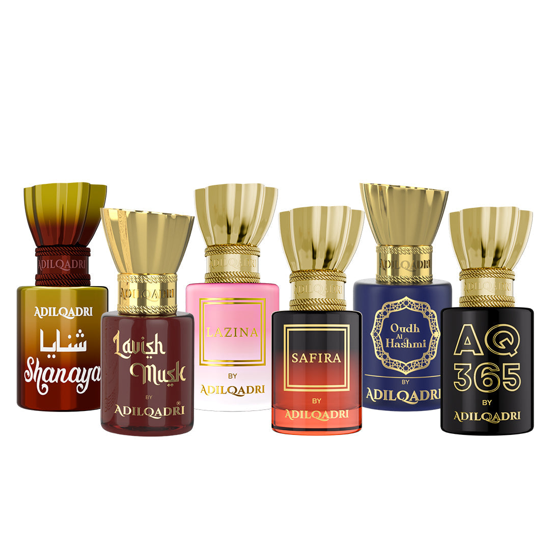 Pack Of 6 Shanaya, Lavish Musk, Lazina, Safira, Oudh AL Hashmi, AQ 365 Atta 5.5 Ml Each