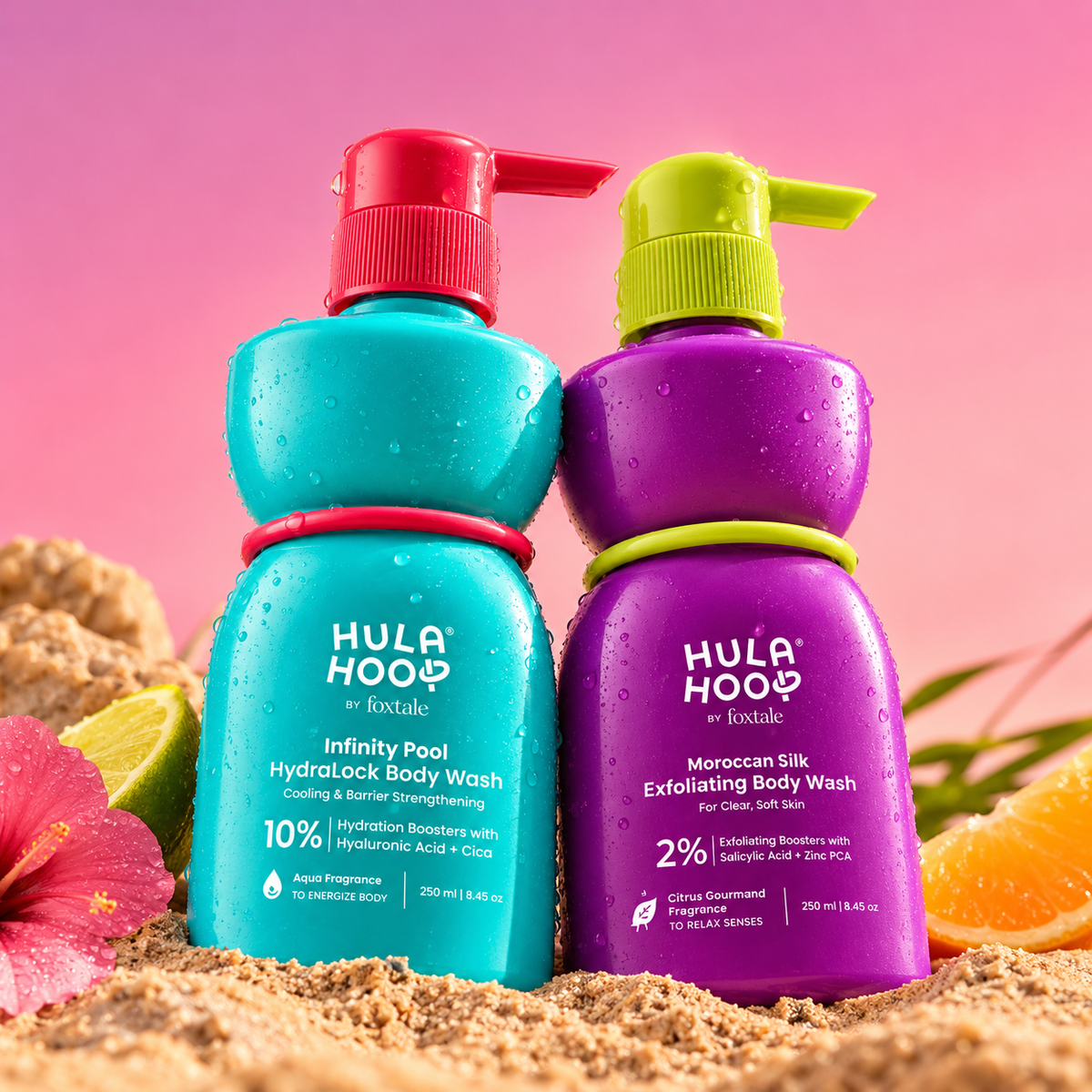 Foxtale Hula Hoop HydraLock Body Wash with Hyaluronic Acid & Cica + Hula Hoop 2% Salicylic Acid Exfoliating Body Wash Combo