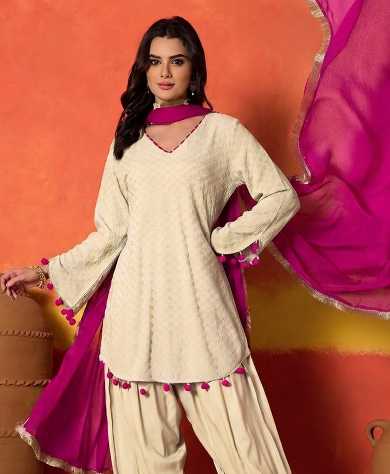 Stylum Women's Chikankari Rayon A-Line Kurti Farshi Salwar With Dupatta Set