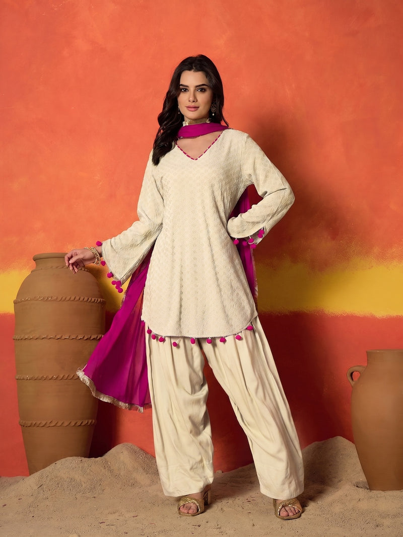 Stylum Women's Chikankari Rayon A-Line Kurti Farshi Salwar With Dupatta Set