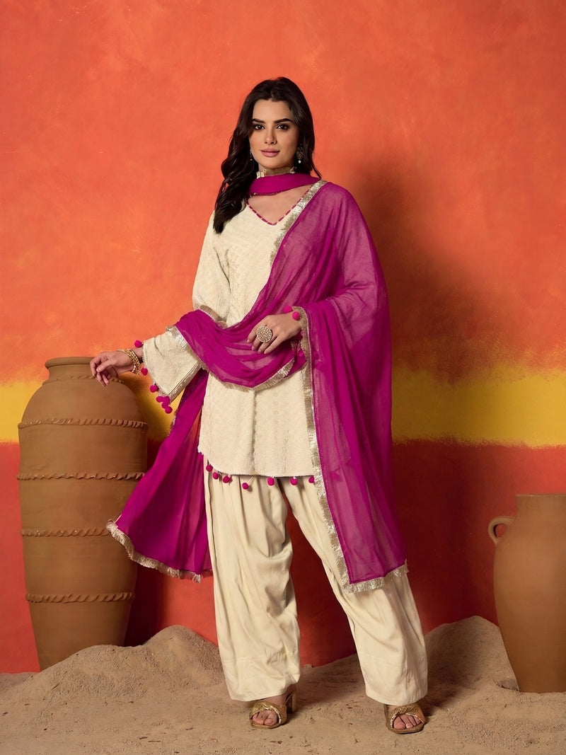 Stylum Women's Chikankari Rayon A-Line Kurti Farshi Salwar With Dupatta Set