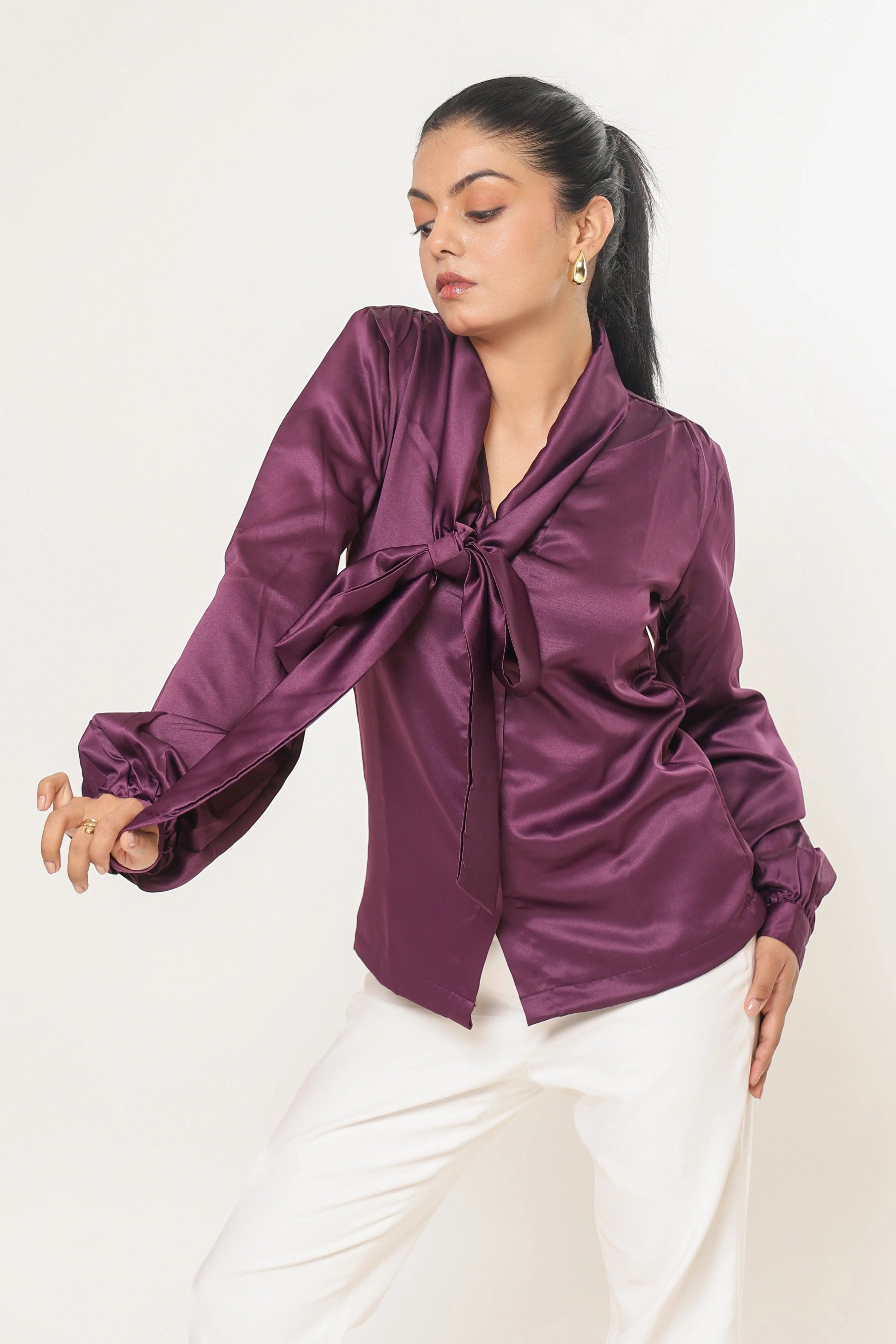 Sugnaa Elle Bow Blouse Top - Plum Purple