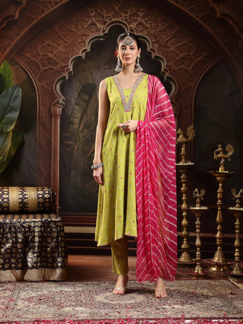 Stylum Women Bandhani Printed Bandhej A-Line Thread Work Pastels Kurta With Dupatta