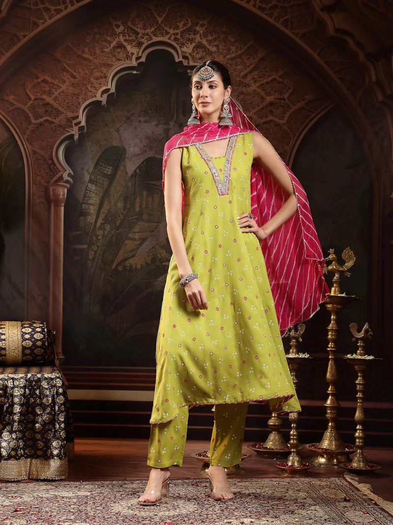 Stylum Women Bandhani Printed Bandhej A-Line Thread Work Pastels Kurta With Dupatta