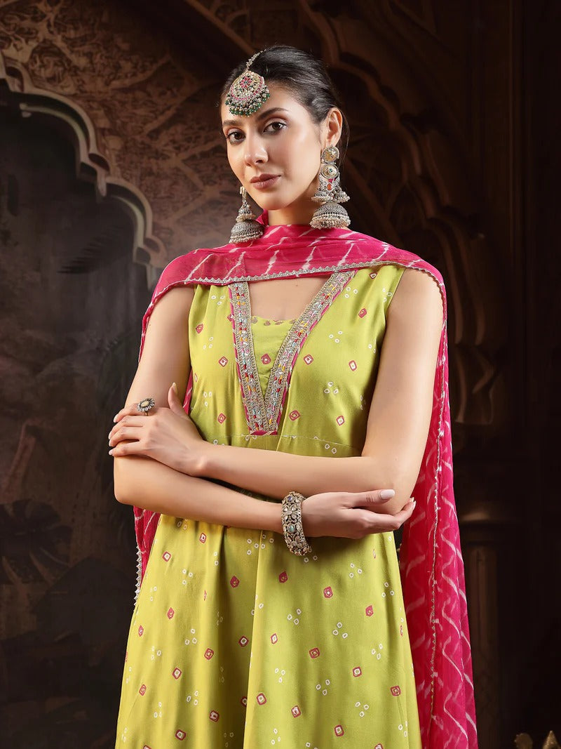 Stylum Women Bandhani Printed Bandhej A-Line Thread Work Pastels Kurta With Dupatta