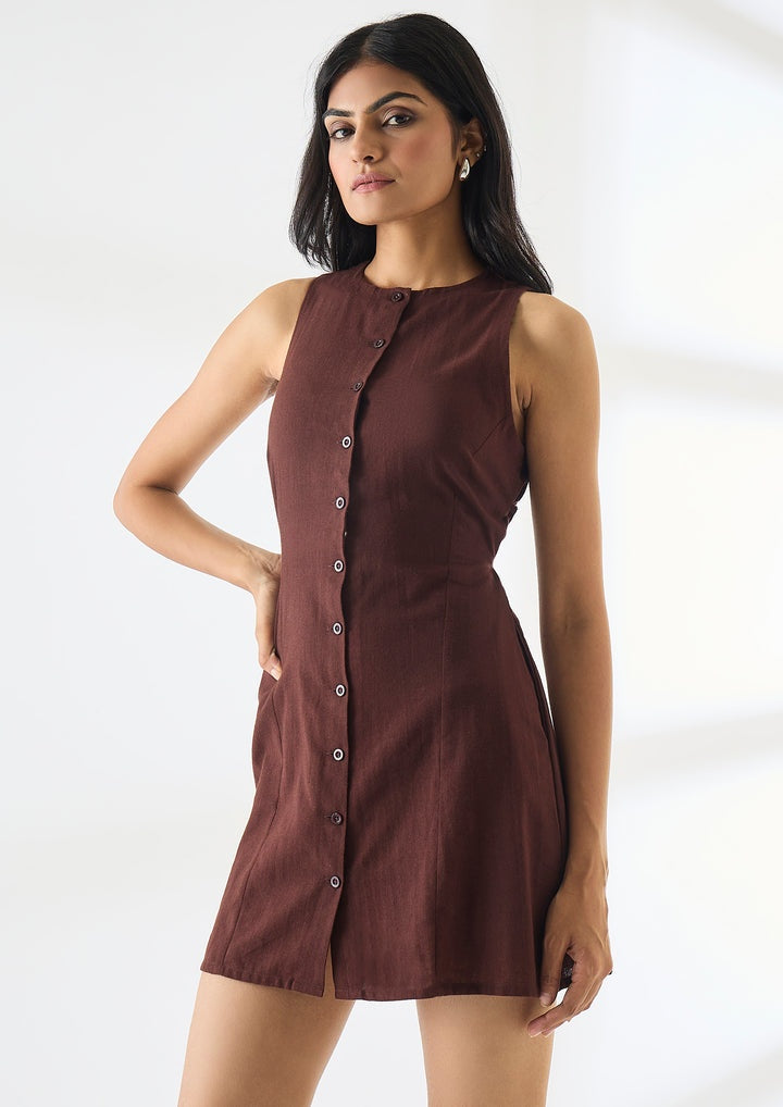 Studio OJS Waist Cinching Mini Linen Dress - Brown