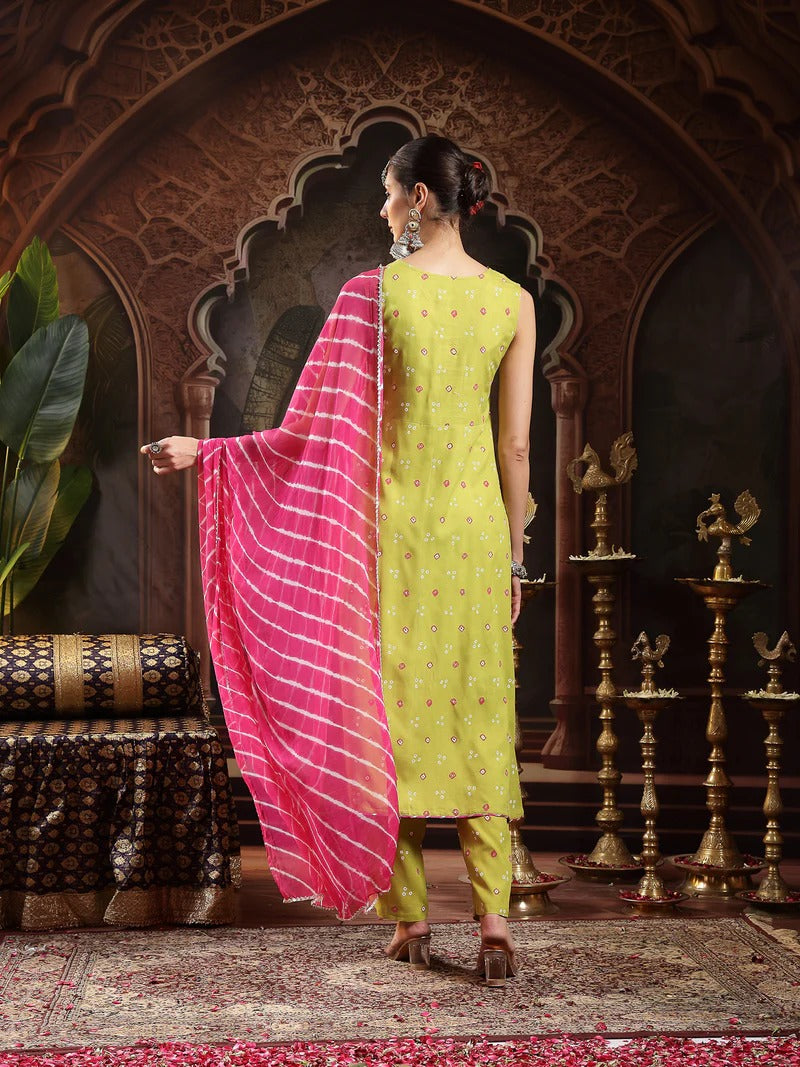 Stylum Women Bandhani Printed Bandhej A-Line Thread Work Pastels Kurta With Dupatta