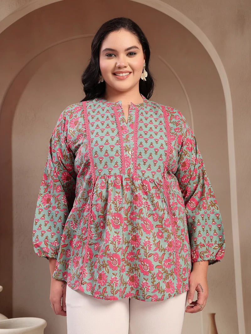 Stylum Plus Size Women's Sky Blue Printed Cotton Top