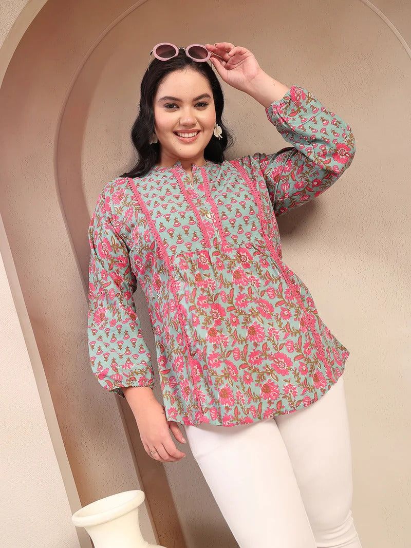 Stylum Plus Size Women's Sky Blue Printed Cotton Top