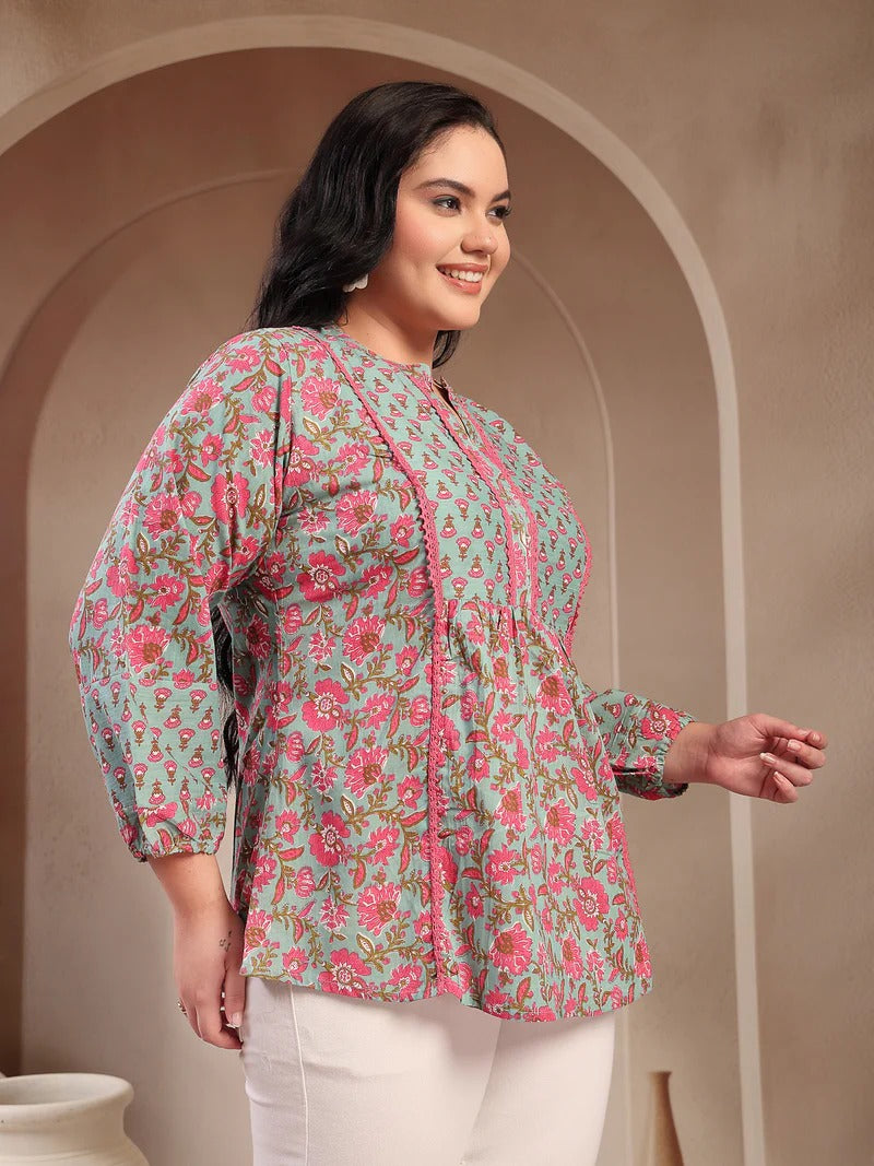 Stylum Plus Size Women's Sky Blue Printed Cotton Top