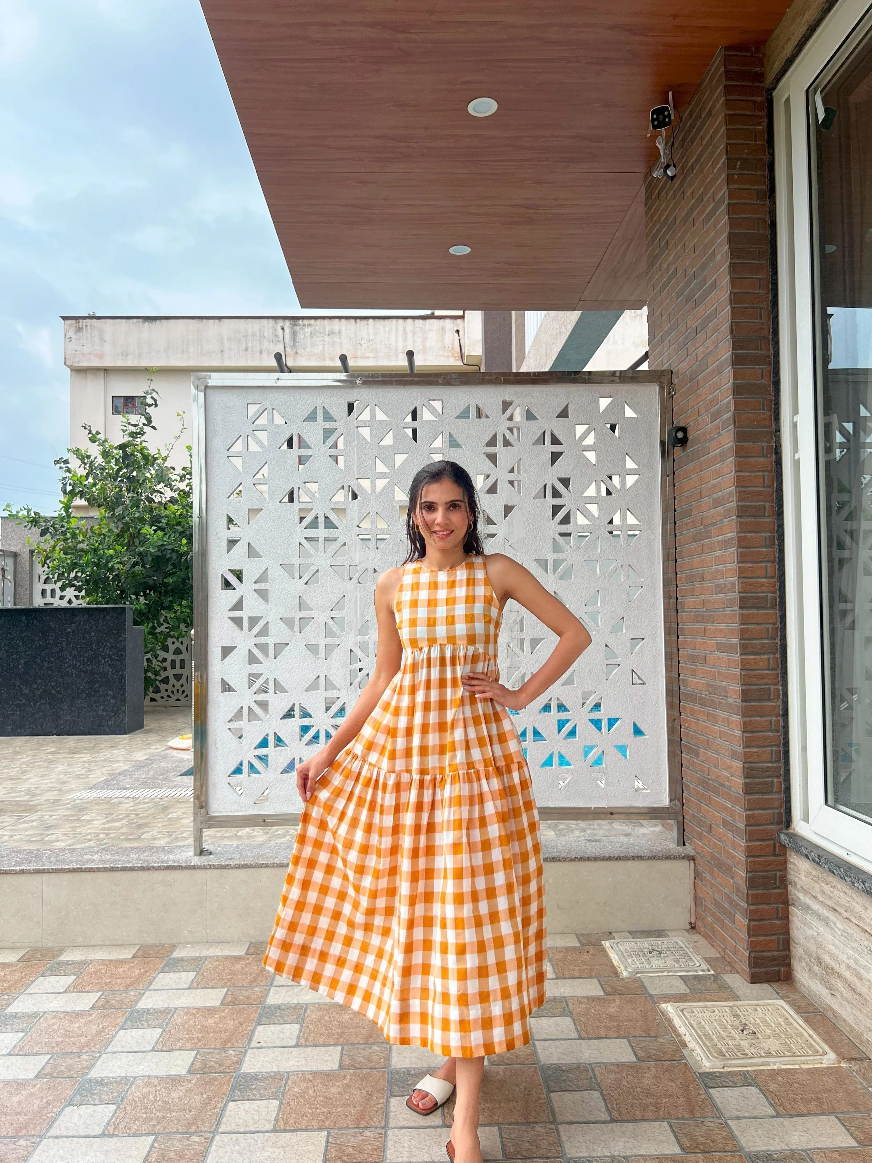 Sugnaa Classic A-Line Gingham Dress - Orange