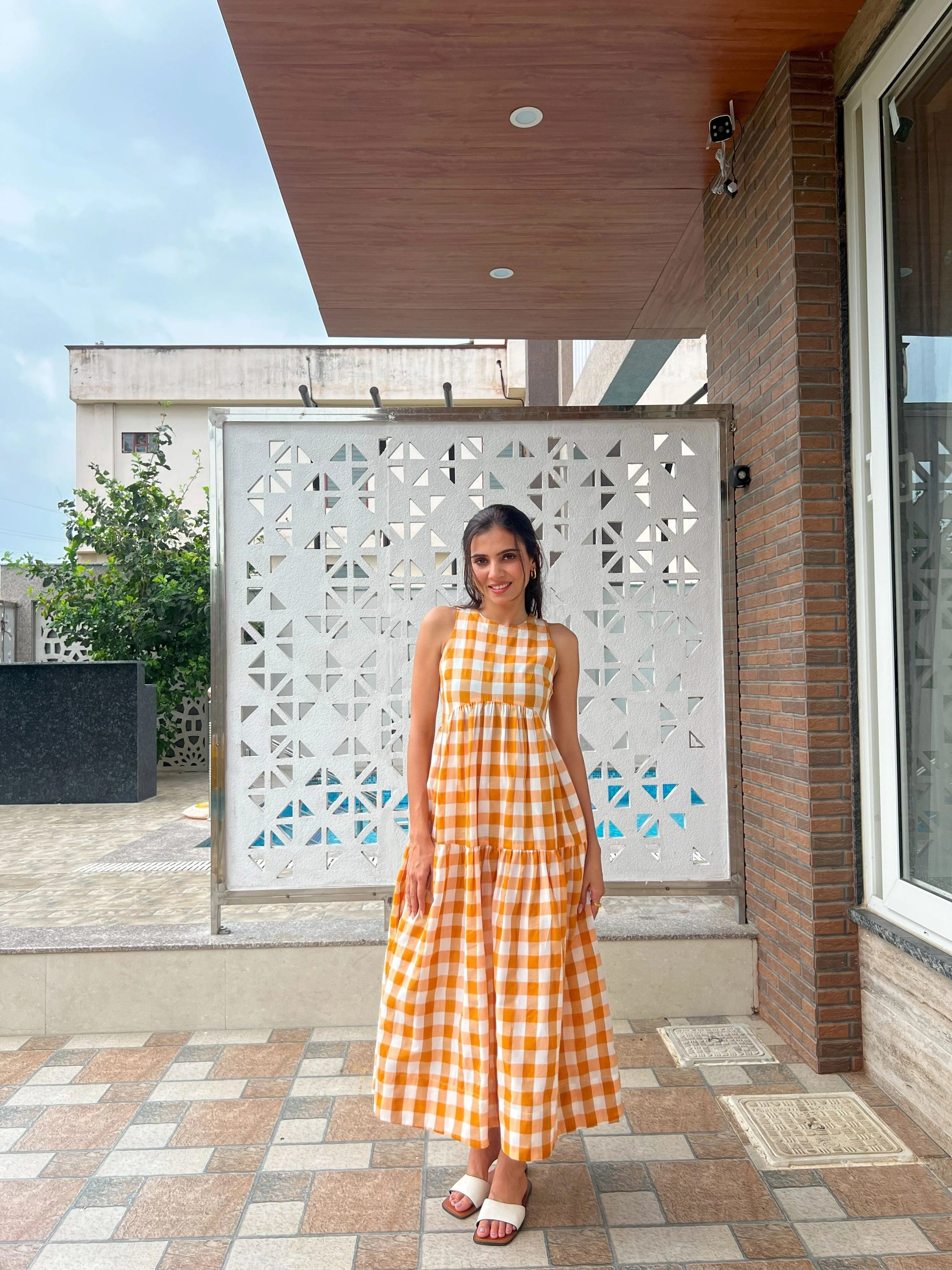 Sugnaa Classic A-Line Gingham Dress - Orange