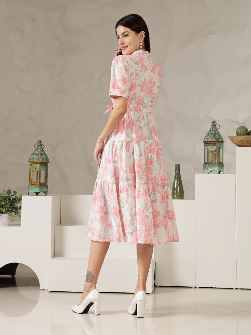 Stylum Women's Pastel Pink Floral Printed Cotton Flared Dress