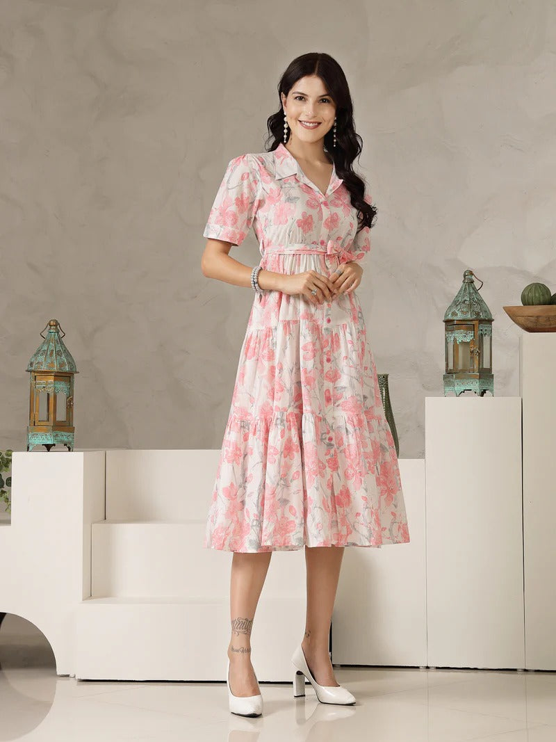 Stylum Women's Pastel Pink Floral Printed Cotton Flared Dress