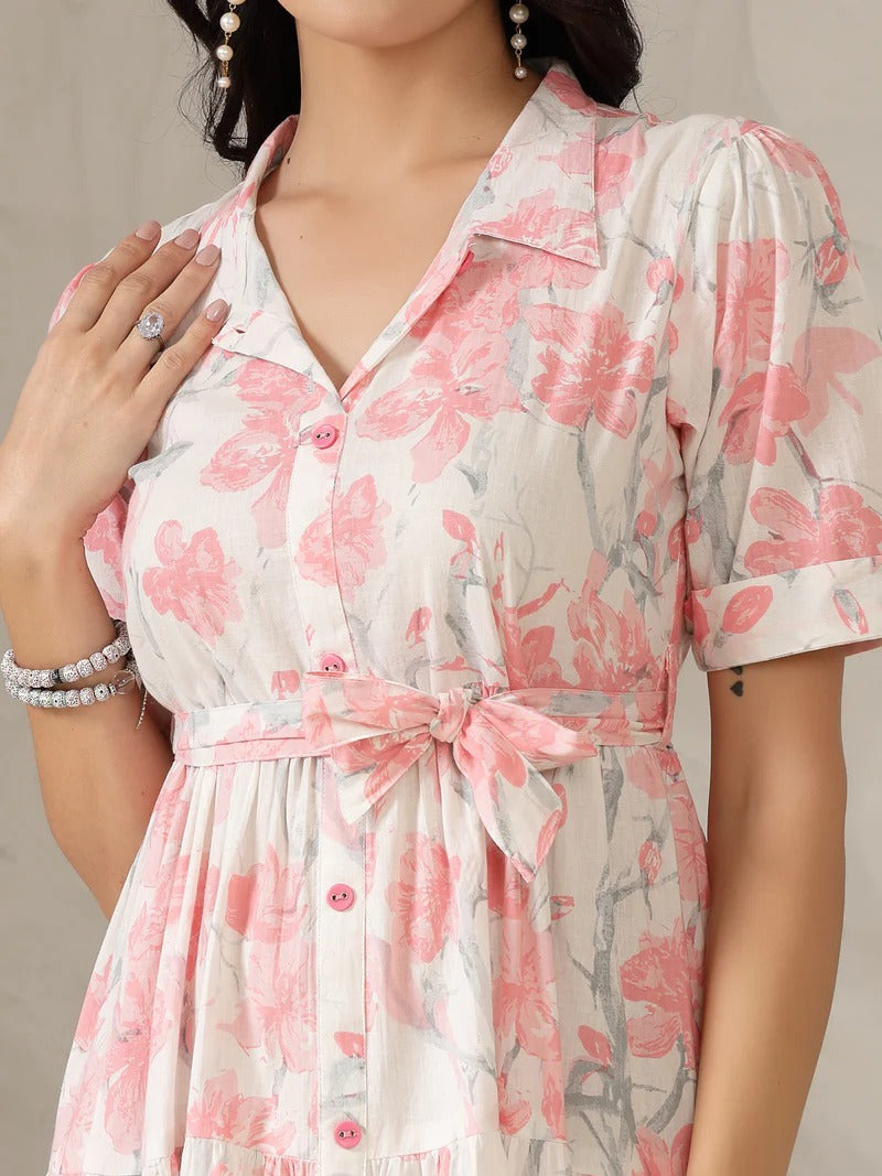 Stylum Women's Pastel Pink Floral Printed Cotton Flared Dress