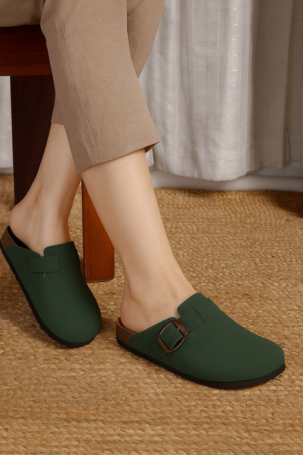 LYDC Brixton Green Suede Clogs Sandals for Women - Green