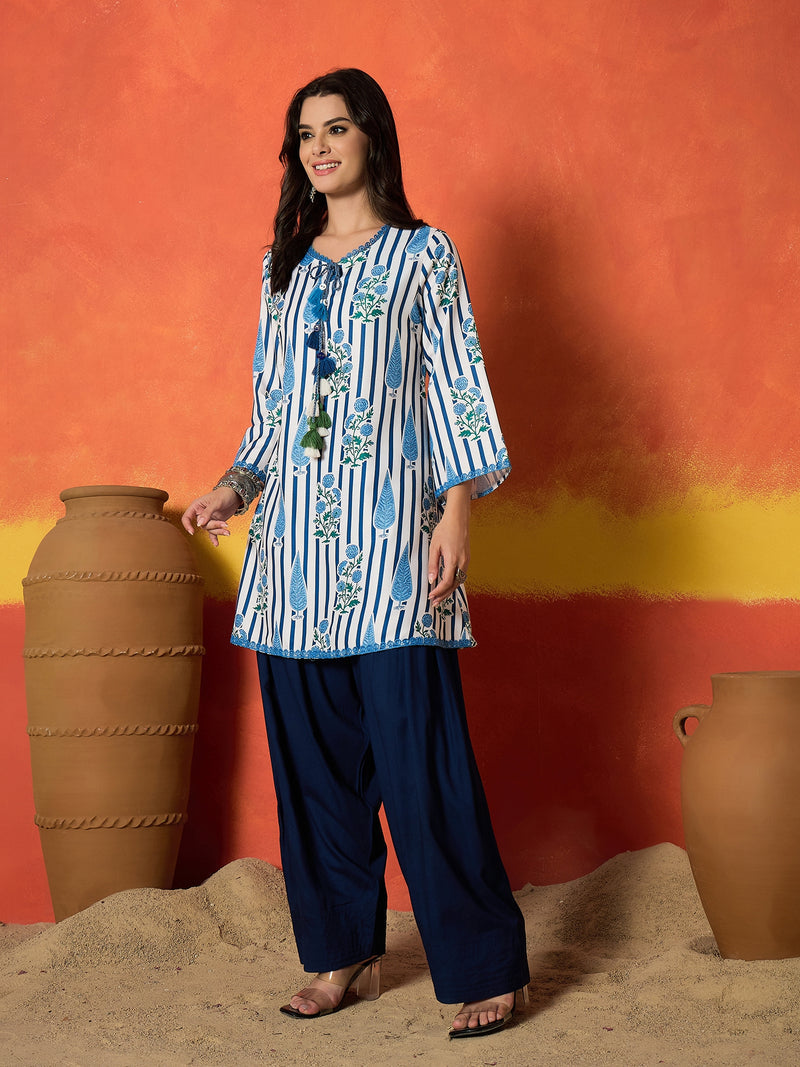 Stylum Women's Blue Striped & Floral Printed Rayon A-Line Kurti With Farshi Salwar