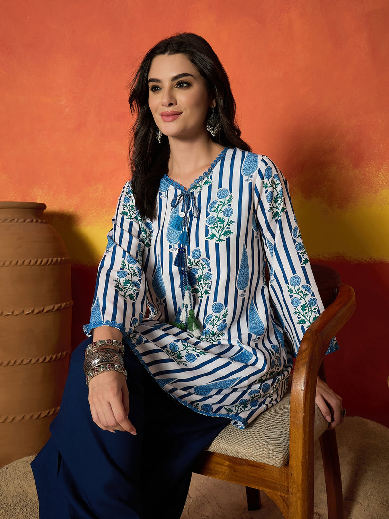 Stylum Women's Blue Striped & Floral Printed Rayon A-Line Kurti With Farshi Salwar