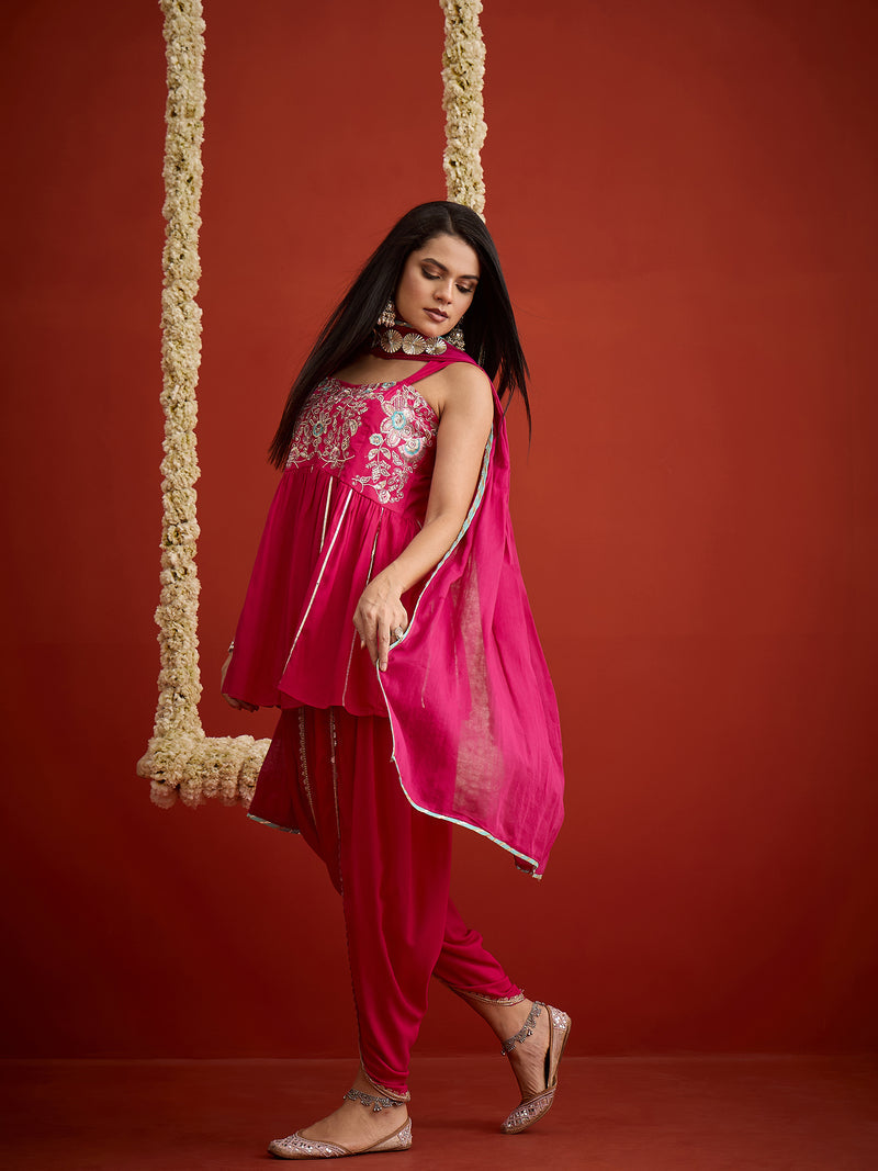 Stylum Women's Pink Solid & Embroidered Rayon A-Line Kurti Dhoti Pant With Dupatta