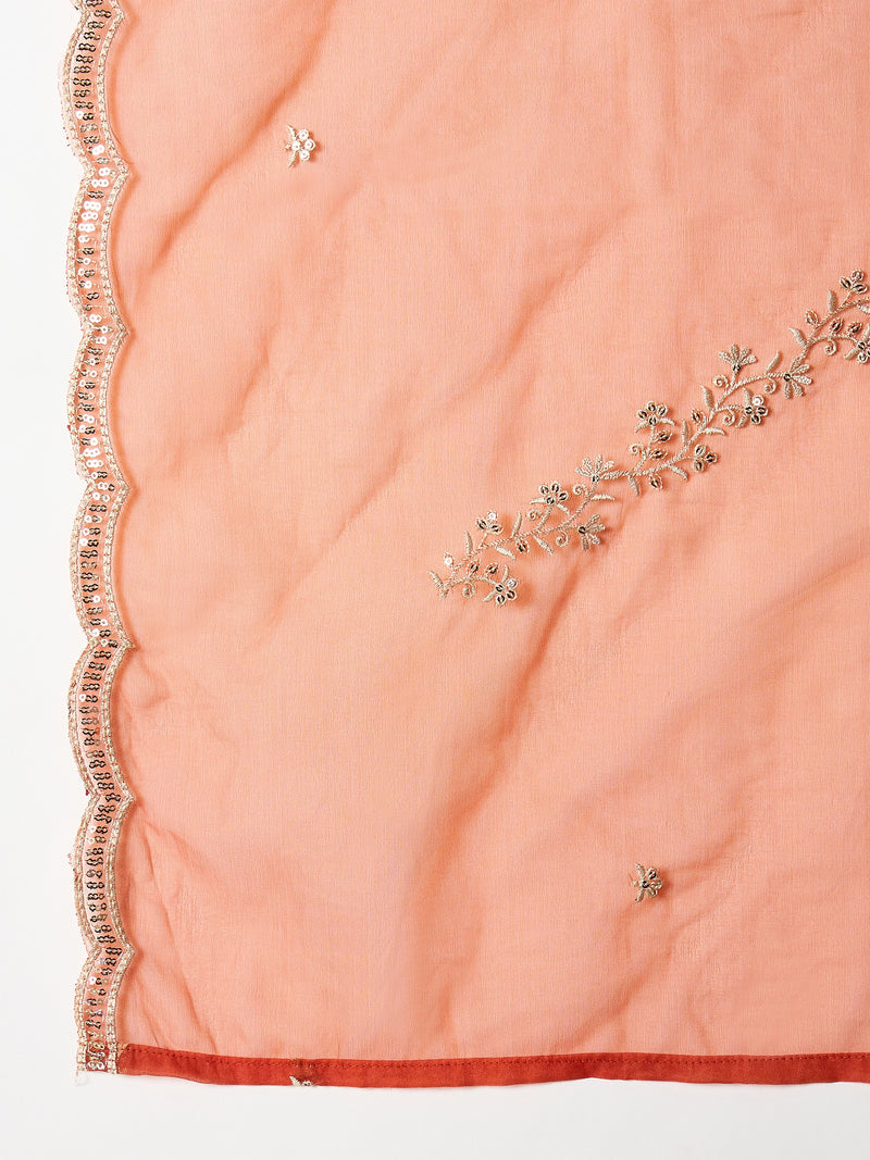 Stylum Women's Rust Solid & Embroidered Chinon Straight Kurta Pant With Dupatta