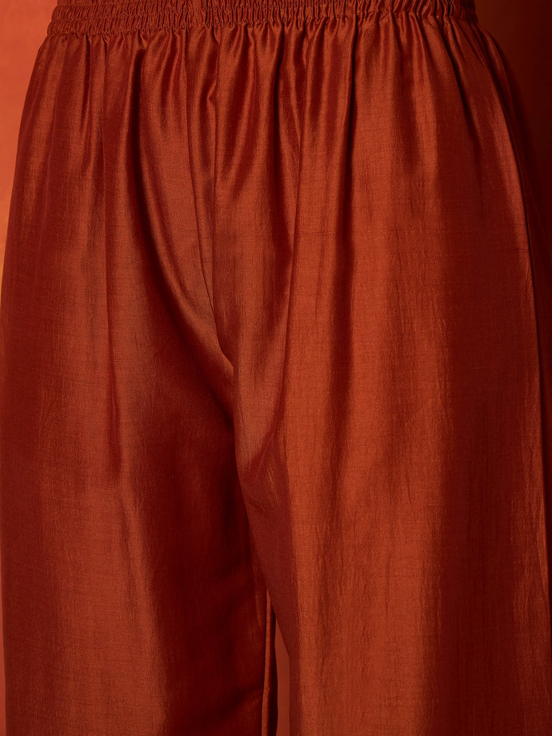 Stylum Women's Rust Solid & Embroidered Chinon Straight Kurta Pant With Dupatta