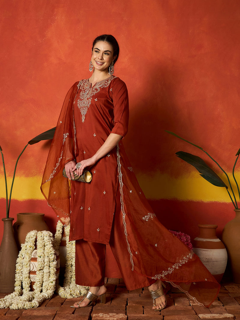 Stylum Women's Rust Solid & Embroidered Chinon Straight Kurta Pant With Dupatta