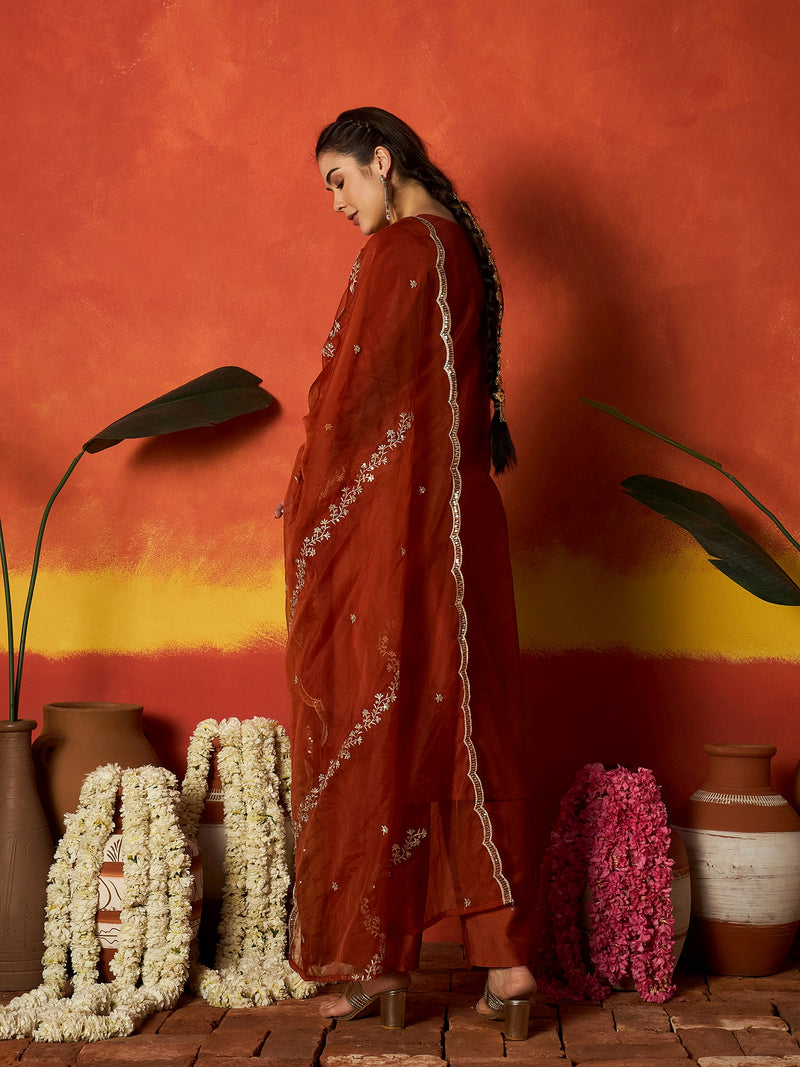 Stylum Women's Rust Solid & Embroidered Chinon Straight Kurta Pant With Dupatta
