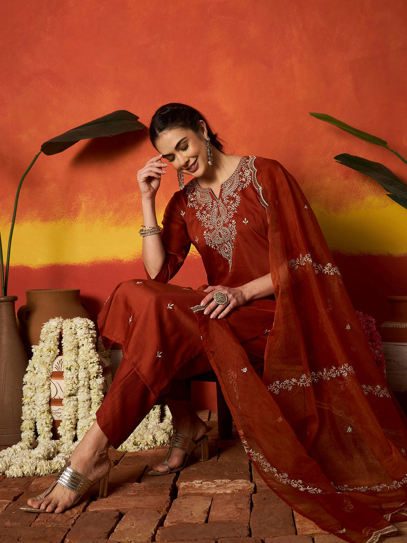 Stylum Women's Rust Solid & Embroidered Chinon Straight Kurta Pant With Dupatta