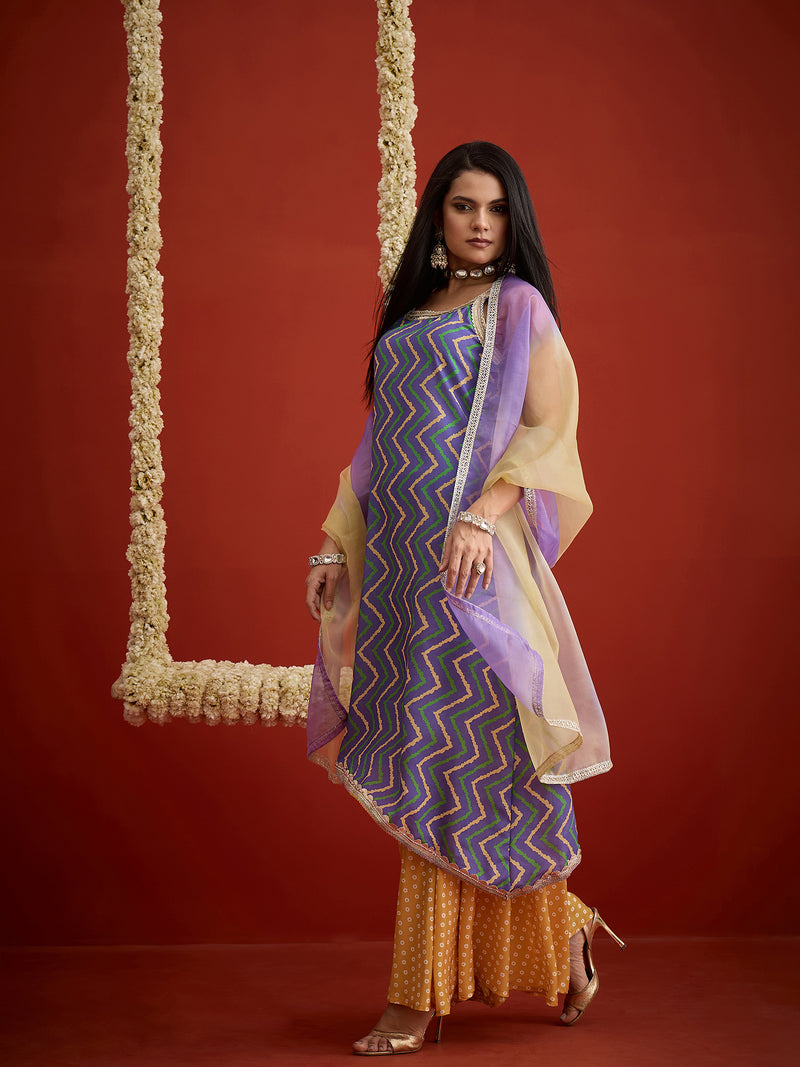 Stylum Women's Blue Chevron Printed Pure Cotton Asymmetric Kurta Palazzo Dupatta Set