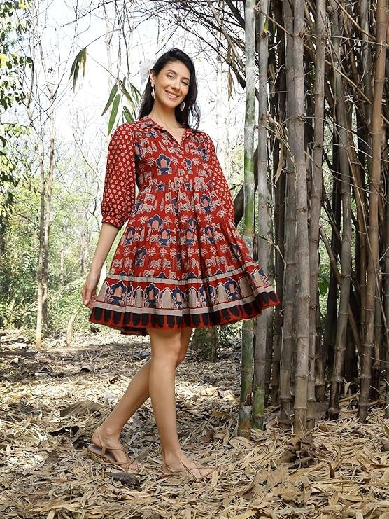 Stylum Ethnic Motifs Print Puff Sleeve Fit & Flare Dress