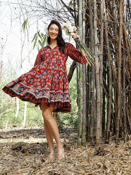 Stylum Ethnic Motifs Print Puff Sleeve Fit & Flare Dress