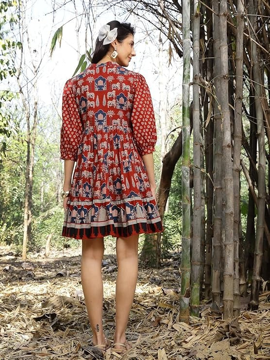 Stylum Ethnic Motifs Print Puff Sleeve Fit & Flare Dress