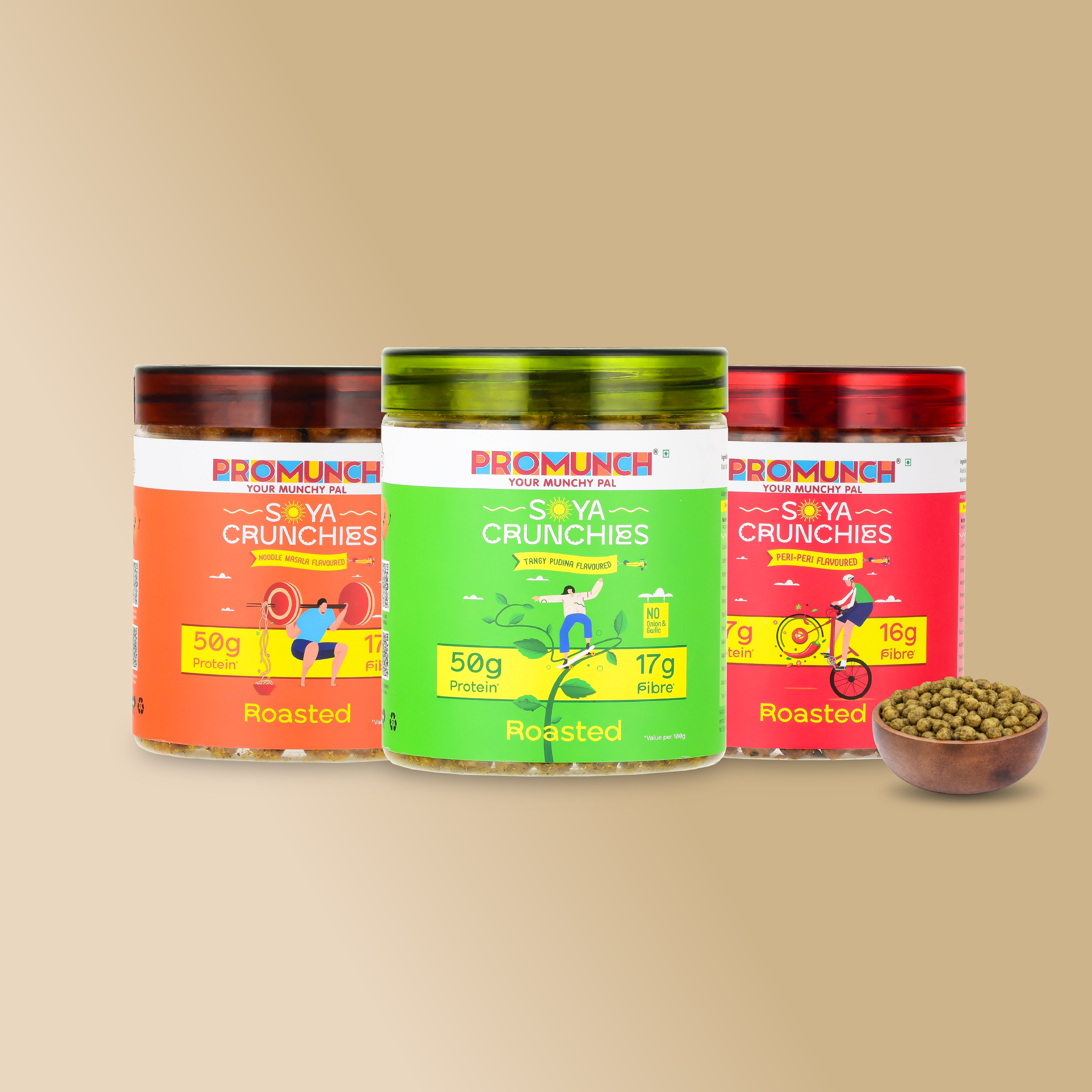 Promunch Variety Pack Protein Crunchies (Noodle Masala, Tangy Pudina, Peri Peri) - 150Gm X 3