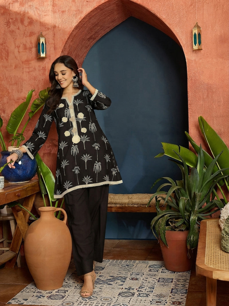 Stylum Women's Palm Tree Printed Pure Cotton A-Line Short Kurti With Farshi Salwar Set