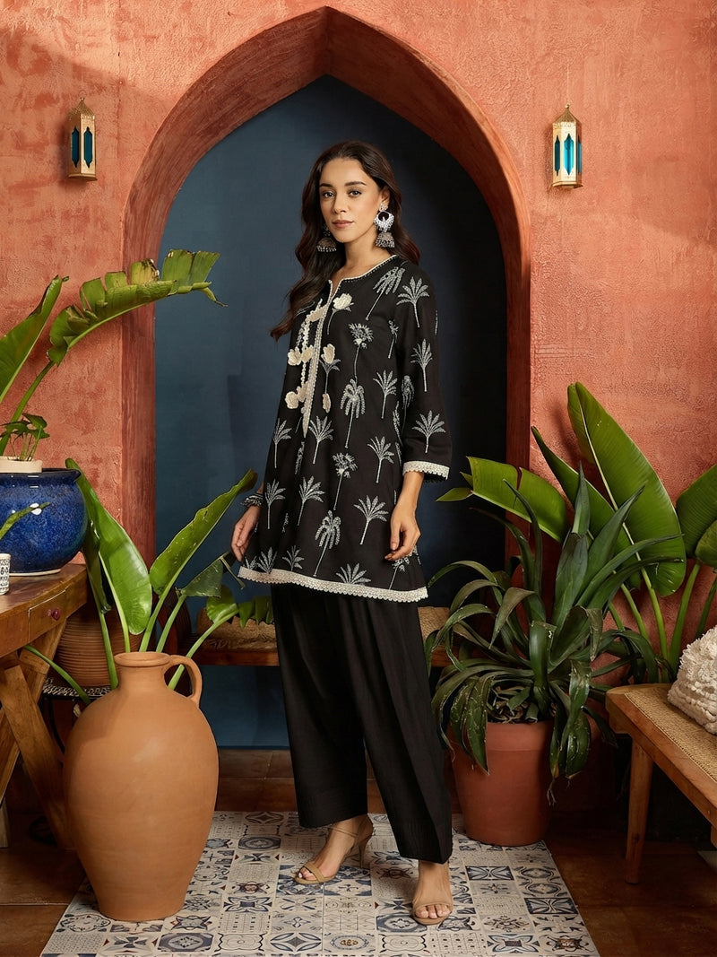Stylum Women's Palm Tree Printed Pure Cotton A-Line Short Kurti With Farshi Salwar Set