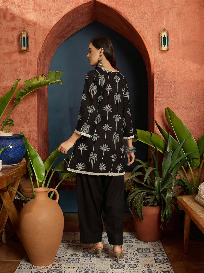 Stylum Women's Palm Tree Printed Pure Cotton A-Line Short Kurti With Farshi Salwar Set