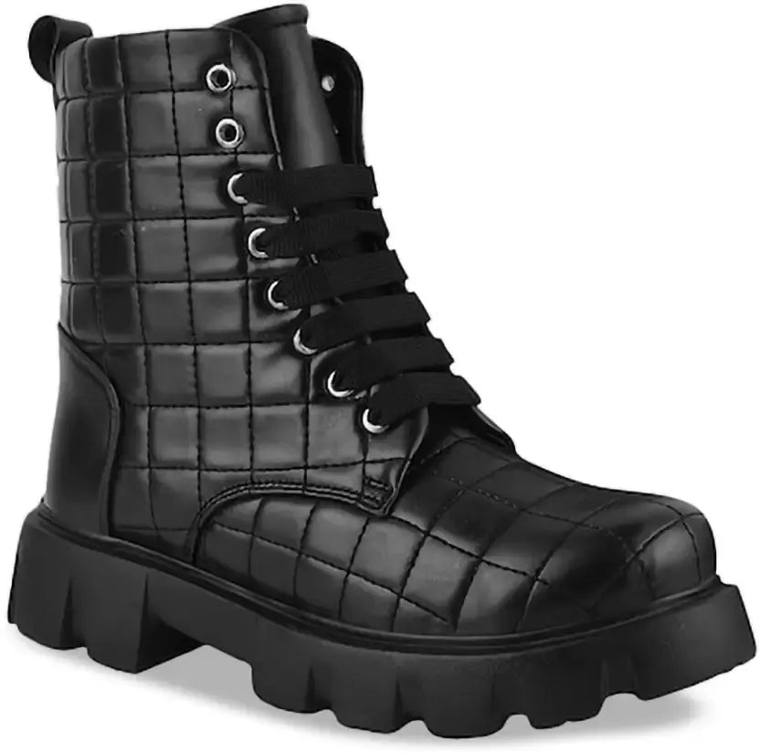JM Looks Women Quilted Lace-Up Ankle Boots with Chunky Platform Lug Sole - Black