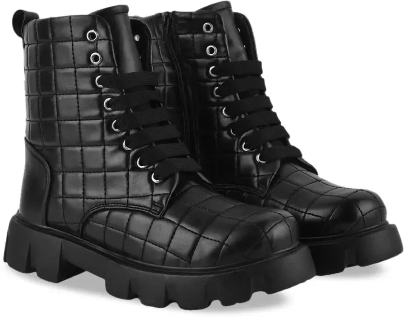 JM Looks Women Quilted Lace-Up Ankle Boots with Chunky Platform Lug Sole - Black