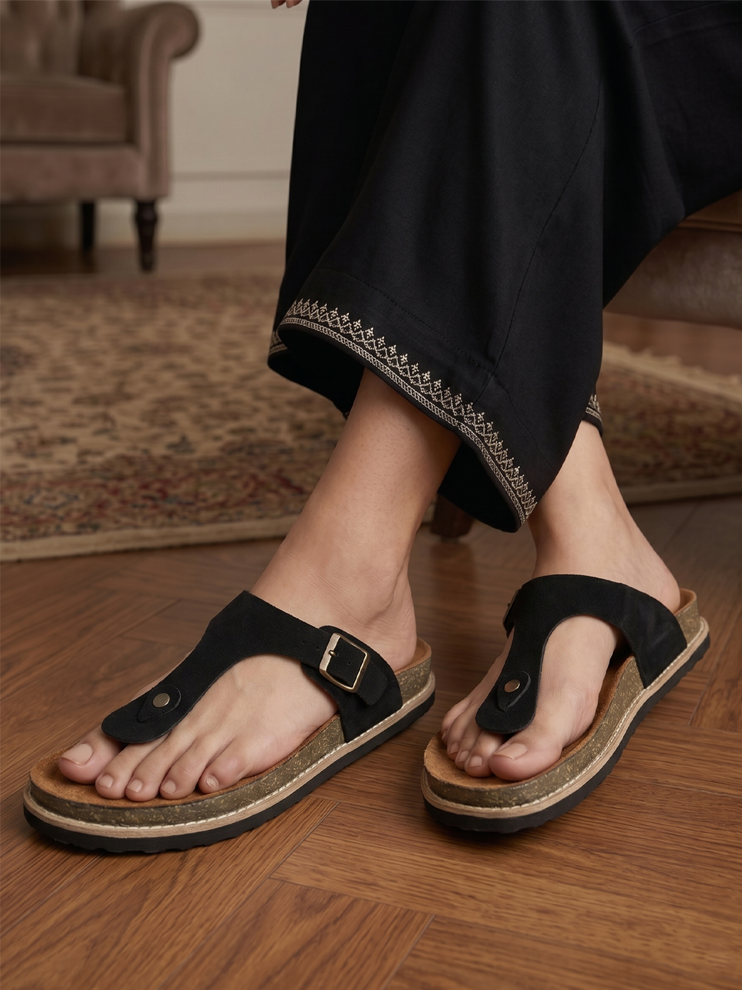 LYDC Black Suede Sandals For Women Welt-Crafted T-Strap Sandals